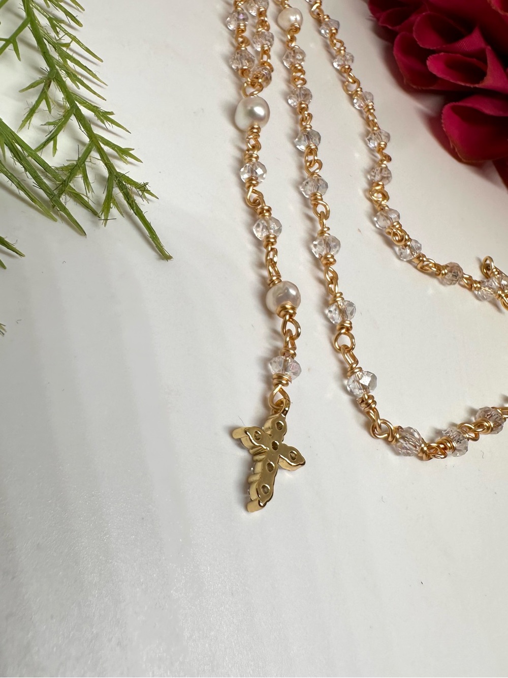 NEW ⚜️ Freshwater Pearl & Crystal Handmade Rosary Necklace - Picture 7 of 9